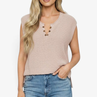Marlow Button Knit Top in champagne with textured knit, sleeveless design and button-detail neckline, close-up front view