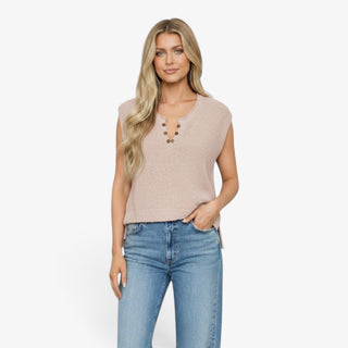 Marlow Button Knit Top in champagne featuring textured knit, split neckline and decorative buttons, front view on model