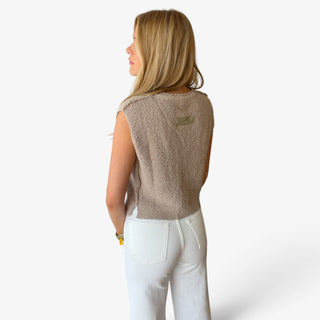 Oat Marlow button knit top with textured knit fabric, sleeveless cut and relaxed fit, back view.