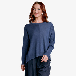 Lawson Midnight Blue knit long sleeve top with relaxed fit and raw-edge hem.