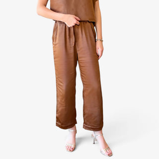 Melissa Nepton Colette Satin Pant in chestnut with drawstring elastic waist and fluid wide leg fit, front view