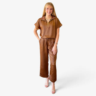 Melissa Nepton Colette Satin Pant in chestnut styled with the matching Hera Satin Top, full front outfit view
