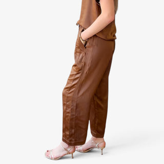 Melissa Nepton Colette Satin Pant in chestnut with wide leg silhouette and ankle length, side view