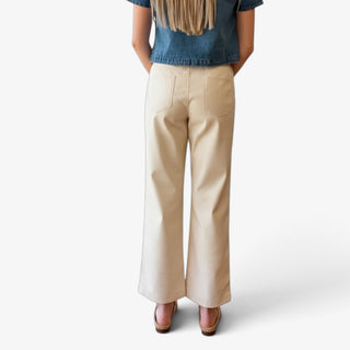 Melissa Nepton Gustave Faux Leather Trouser in cream showing back patch pockets and relaxed cropped fit, back view