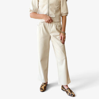 Melissa Nepton Gustave cream faux leather wide leg trouser on model, front detail view