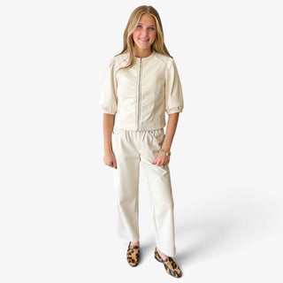 Melissa Nepton Gustave cream faux leather trouser styled on model with matching jacket, front view