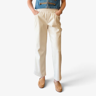 Melissa Nepton Gustave Faux Leather Trouser in cream with elastic waist, front pockets and straight cropped leg, front view