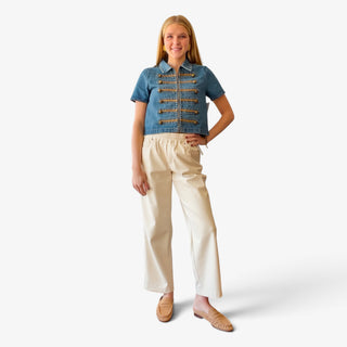 Melissa Nepton Gustave Faux Leather Trouser in cream styled with a cropped denim top and loafers, full outfit view