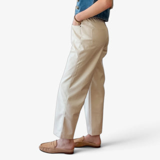 Melissa Nepton Gustave Faux Leather Trouser in cream with cropped straight leg and back pocket detail, side view