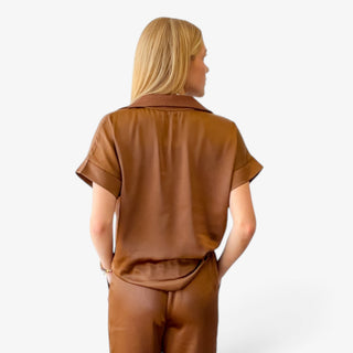  Melissa Nepton Hera Satin Half Zip Top in chestnut with short sleeves and relaxed satin silhouette, back view