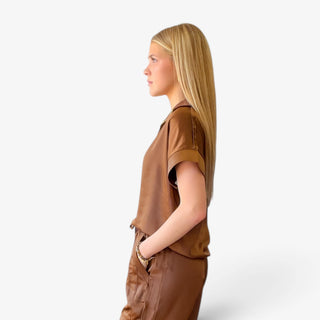  Melissa Nepton Hera Satin Half Zip Top in chestnut showing relaxed fit and short cuffed sleeves, side view