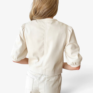 Melissa Nepton Lilo cream faux leather jacket on model, back view showing cropped hem and seam detailing