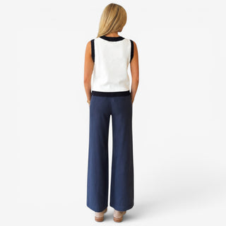 Michael Stars April linen trouser in Nocturnal navy with a clean pocket-free back and relaxed wide leg, back view