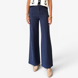 Michael Stars April linen trouser in Nocturnal navy with a high waist and relaxed wide leg, full front view