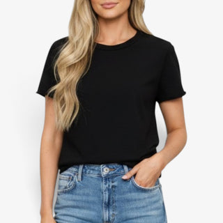 Michael Stars Jackie Black Tee with crew neckline and short sleeves, close-up front view showing the relaxed everyday fit