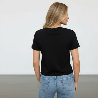 Michael Stars Jackie Black Tee in black with short sleeves and classic crew neck silhouette, back view