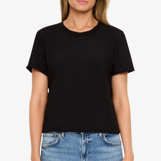 Michael Stars Jackie Black Tee with crew neckline and short sleeves, close-up front view showing the relaxed everyday fit