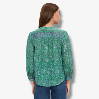 Michael Stars Katarina green floral popover top back view showing the contrast border print yoke, gathered detail and relaxed fit