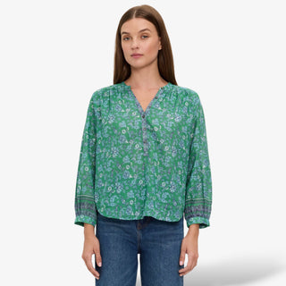 Michael Stars Katarina green floral popover top front view with 3/4 sleeves, button neckline and contrast border print details