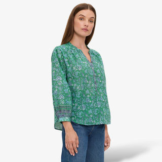 Michael Stars Katarina green floral popover top side view showing the relaxed fit, 3/4 sleeves and curved hem