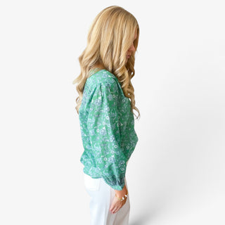     Michael Stars Katarina green floral printed popover top right-side view showing the relaxed silhouette and long sleeves.