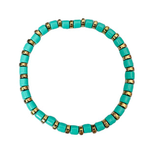 Mint green beaded stretch bracelet with gold accents, individual product view