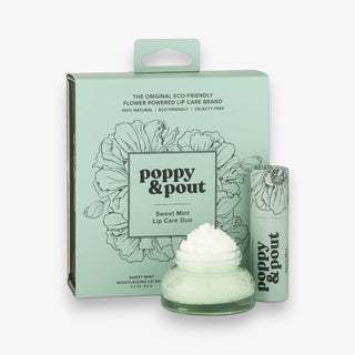 Poppy & Pout lip care set and packaging on a white background