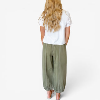 Moss green cotton balloon pants with relaxed balloon-leg silhouette and gathered hems, back view
