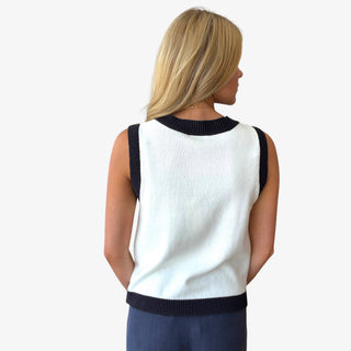 Ivory nautical knit vest with navy contrast neckline and hem, sleeveless back view