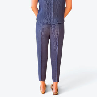 Navy pleated tapered pants with a textured diagonal pattern, straight back seams and cropped ankle-length hem, full back view.