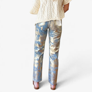 Nerissa gold foil straight leg jeans featuring blue denim, metallic detailing, classic back pockets and straight leg fit, full back view.