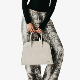 Oat nubuck tote bag neutral beige structured handbag with top handles and minimal gold stud detail