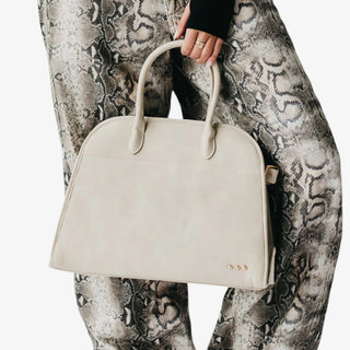 Oat nubuck tote bag neutral beige structured handbag with top handles and minimal gold stud detail