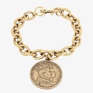 Yochi NY Augusta antique gold chain bracelet with oversized vintage coin charm and clasp, front product view.