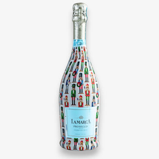 Bottle wrap with a nutcracker design for Iamarca Prosecco on a white background