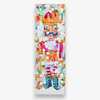 Colorful abstract nutcracker painting in pink, teal, and gold tones on a vertical canvas, featuring bold brushstrokes and playful holiday details.