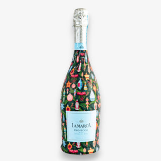 Bottle wrap with a colorful ornament design for Lamarca Prosecco on a white background