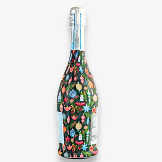 Bottle wrap with a colorful ornament design on a white background
