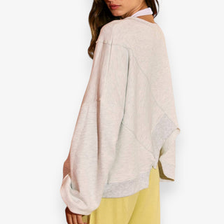 oversized asymmetric hem sweatshirt heathered grey side back relaxed fit detail