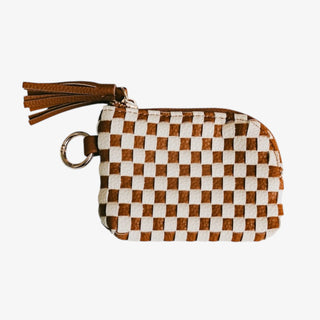 Pretty Simple Paris Wallet in check brown with tassel and key ring on a white background