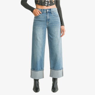 Petite high-rise slim wide leg jeans with bold cuffed hem and relaxed leg fit.