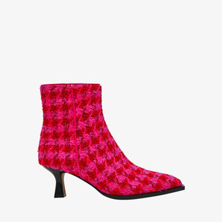 Betsey Johnson Louisa fuchsia houndstooth bootie with textured knit upper and mini sculpted heel