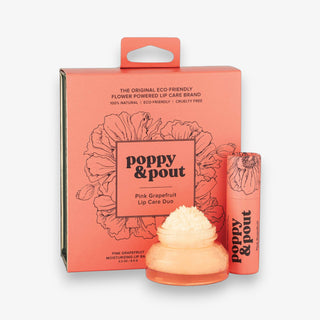 Poppy & Pout lip care set including a lip scrub and a chapstick on a white background