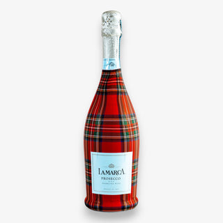 Bottle wrap in a red plaid tartan design for Iamarca Prosecco on a white background