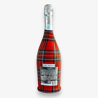 Bottle with a red plaid bottle wrap on a white background