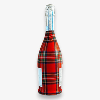Bottle wrapped in red plaid bottle wrap on a white background