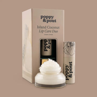 Poppy & Pout Island Coconut Lip Care Duo with natural lip balm and coconut lip scrub displayed with coordinating gift box