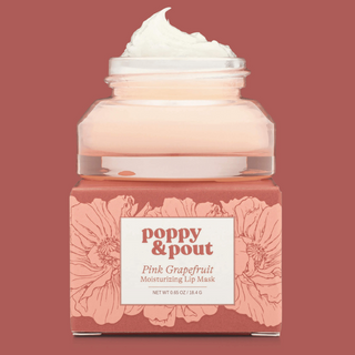 Poppy & Pout Pink Grapefruit moisturizing lip mask for overnight hydration, front product view with glass jar and floral box