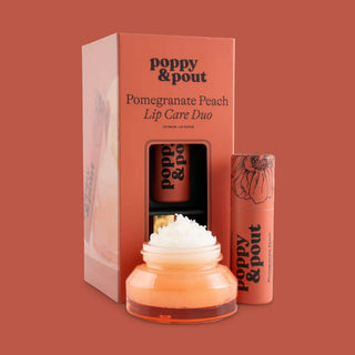 Poppy & Pout Pomegranate Peach Lip Care Duo featuring lip balm and exfoliating lip scrub with coral gift box