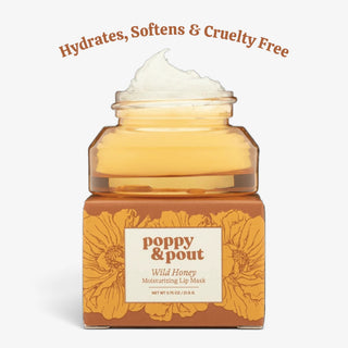 Poppy & Pout Wild Honey moisturizing lip mask displayed open on its floral box with text highlighting hydrating, softening and cruelty-free benefits.